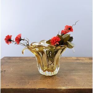 Mid Century Murano for Teleflora Art Glass Citrine Waterfall Floral Vase